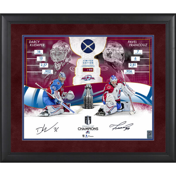 Darcy Kuemper & Pavel Francouz Colorado Avalanche Framed Autographed 2022 Stanley Cup Champions 16" x 20" Collage with a Piece of Game-Used Net from the 2022 Stanley Cup Final - Limited Edition of 99