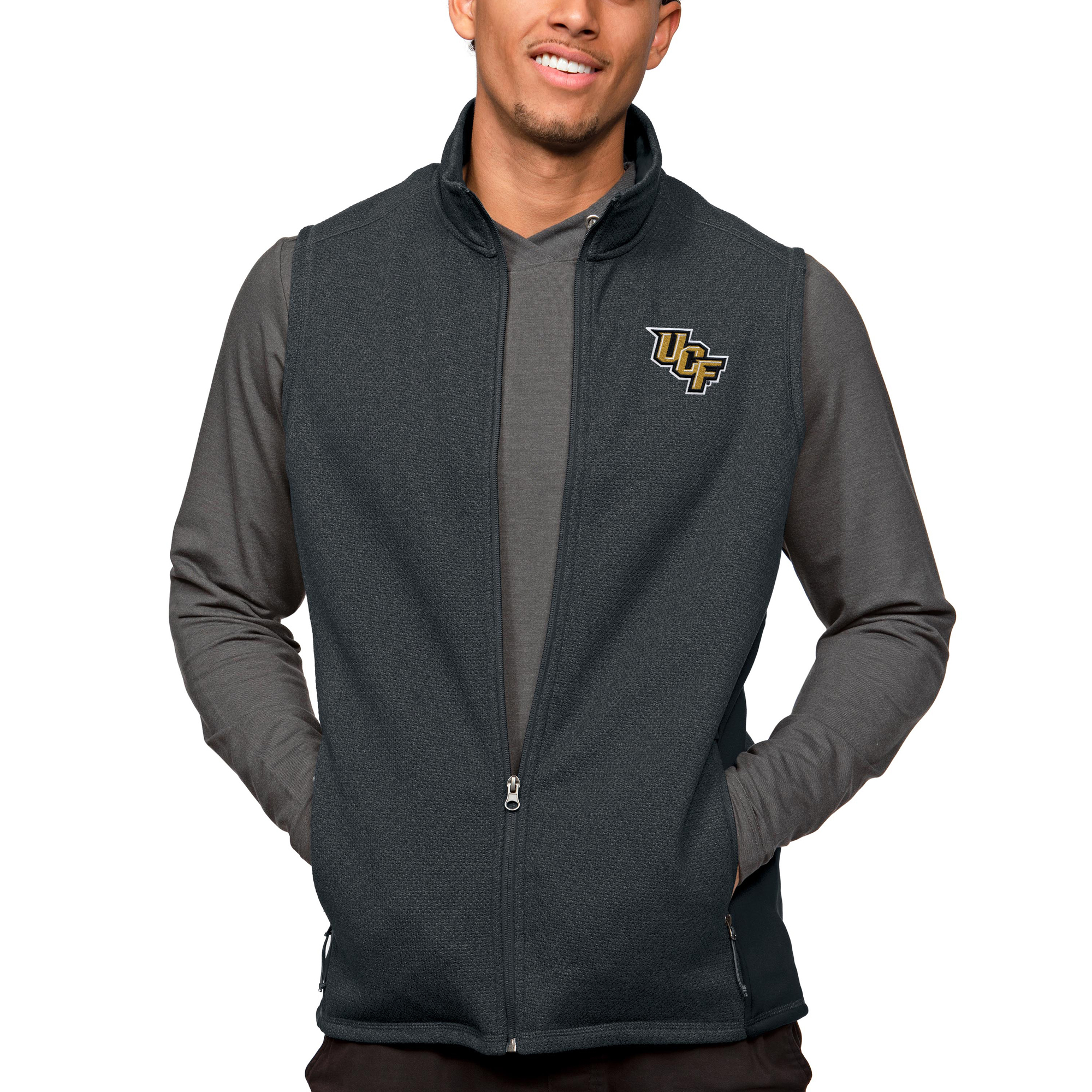 Men's Antigua Heather Charcoal UCF Knights Course Full-Zip Vest