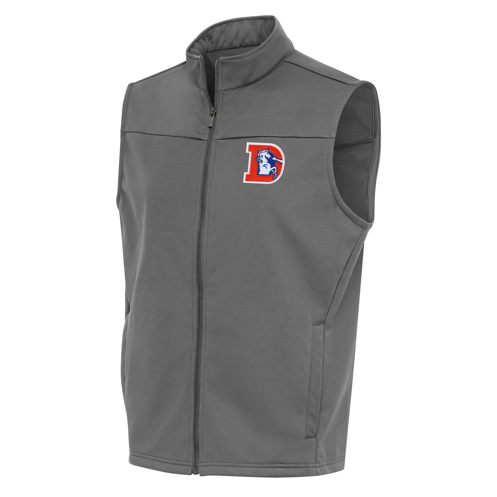 Men's Antigua Steel Denver Broncos Team Logo Throwback Links Golf Full-Zip Vest