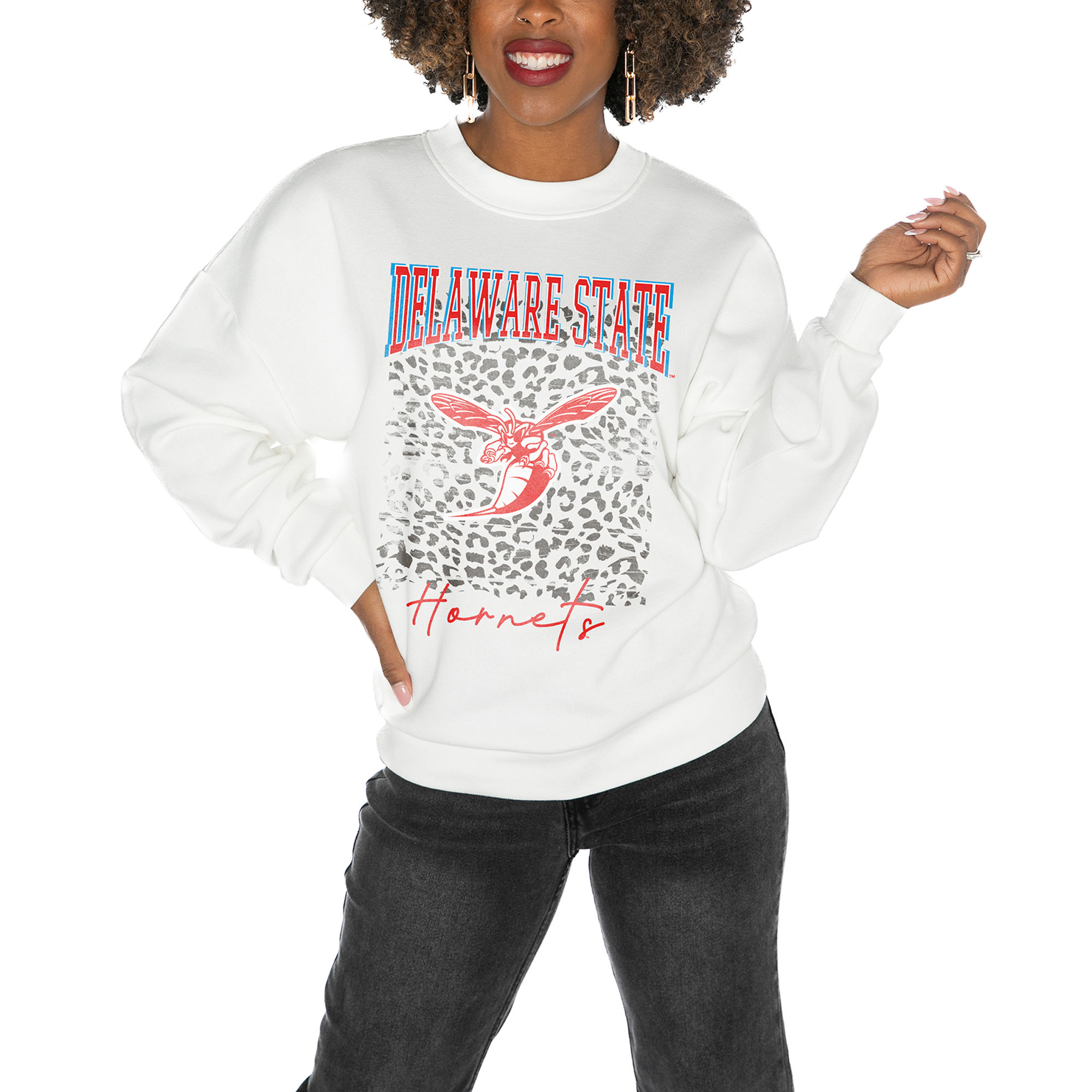 Women's Gameday Couture White Delaware State Hornets Drop Shoulder Fleece Drop Pullover Sweatshirt