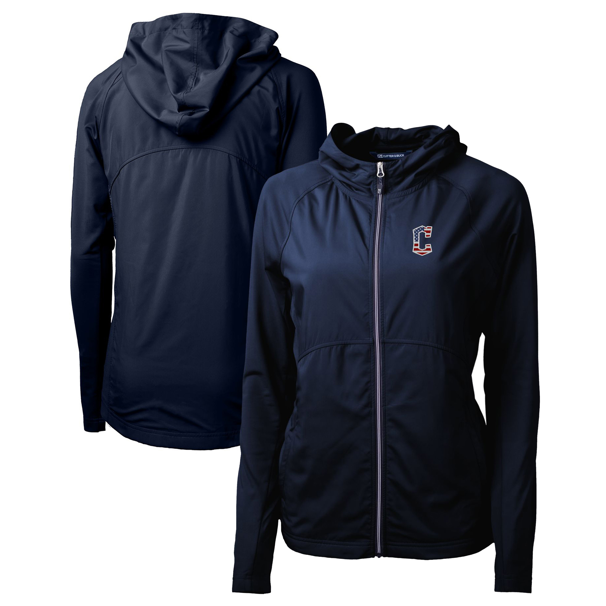 Women's Cutter & Buck Navy Cleveland Guardians Americana Logo Adapt Eco Knit Hybrid Recycled Full-Zip Hoodie