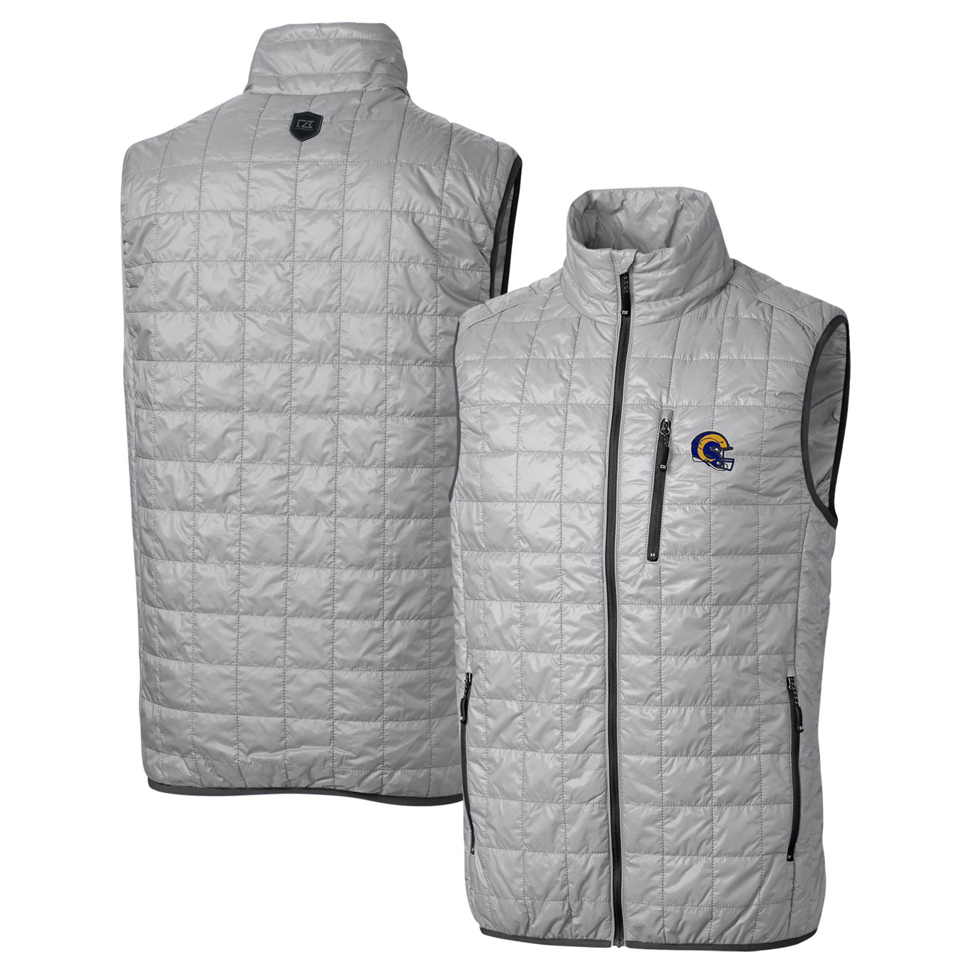 Men's Cutter & Buck Silver Los Angeles Rams Helmet Rainier PrimaLoft Eco Insulated Full-Zip Puffer Vest