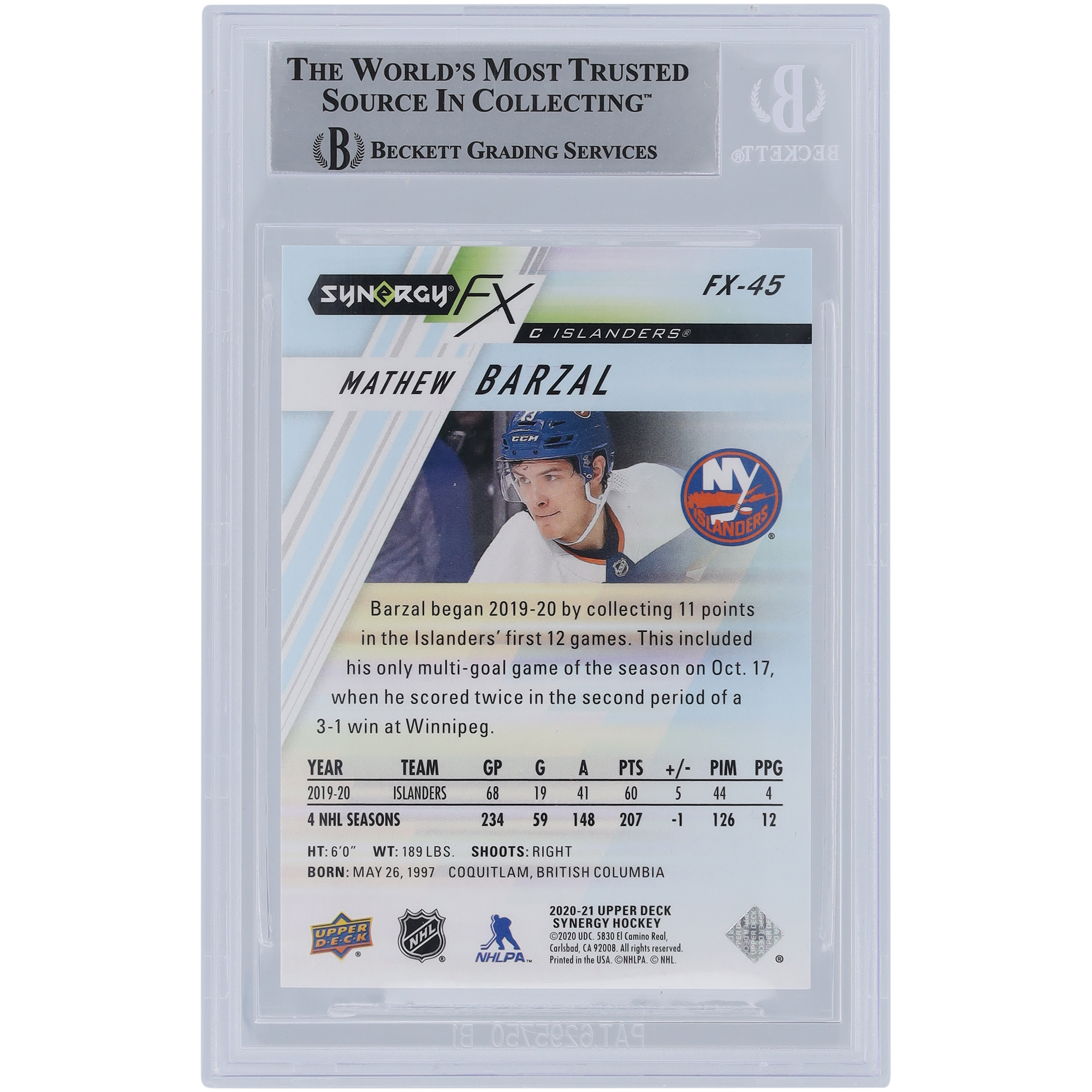 Mathew Barzal New York Islanders Autographed 2020-21 Upper Deck Synergy FX Purple #FX-45 #/349 Beckett Fanatics Witnessed Authenticated Card - Image 7