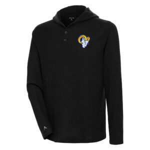 Men's Antigua  Black Los Angeles Rams Strong Hold Long Sleeve Henley Hoodie T-Shirt