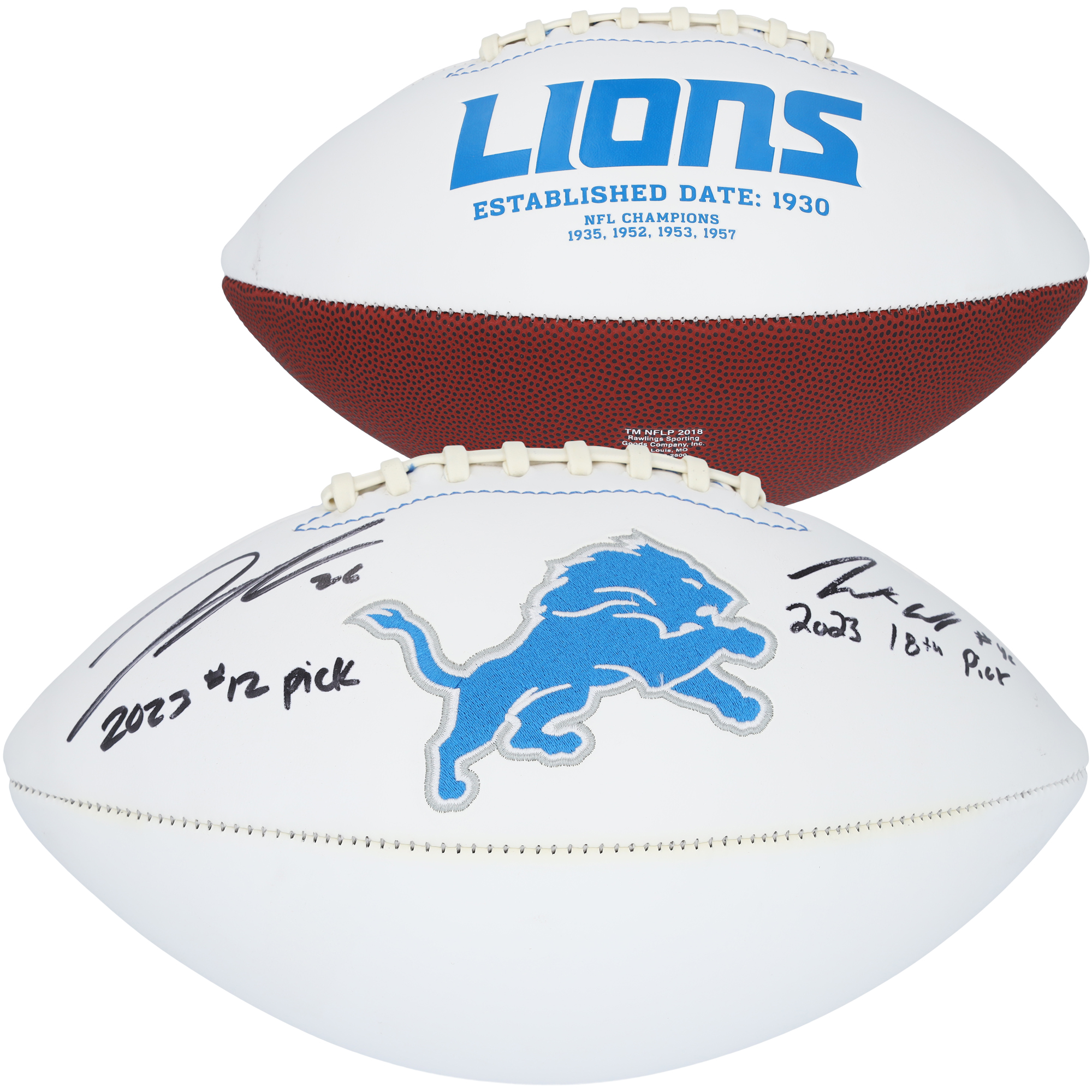 Jack Campbell & Jahmyr Gibbs Detroit Lions Dual-Signed White Panel Football with "23 #18 Pick" and "23 #12 Pick" Inscriptions