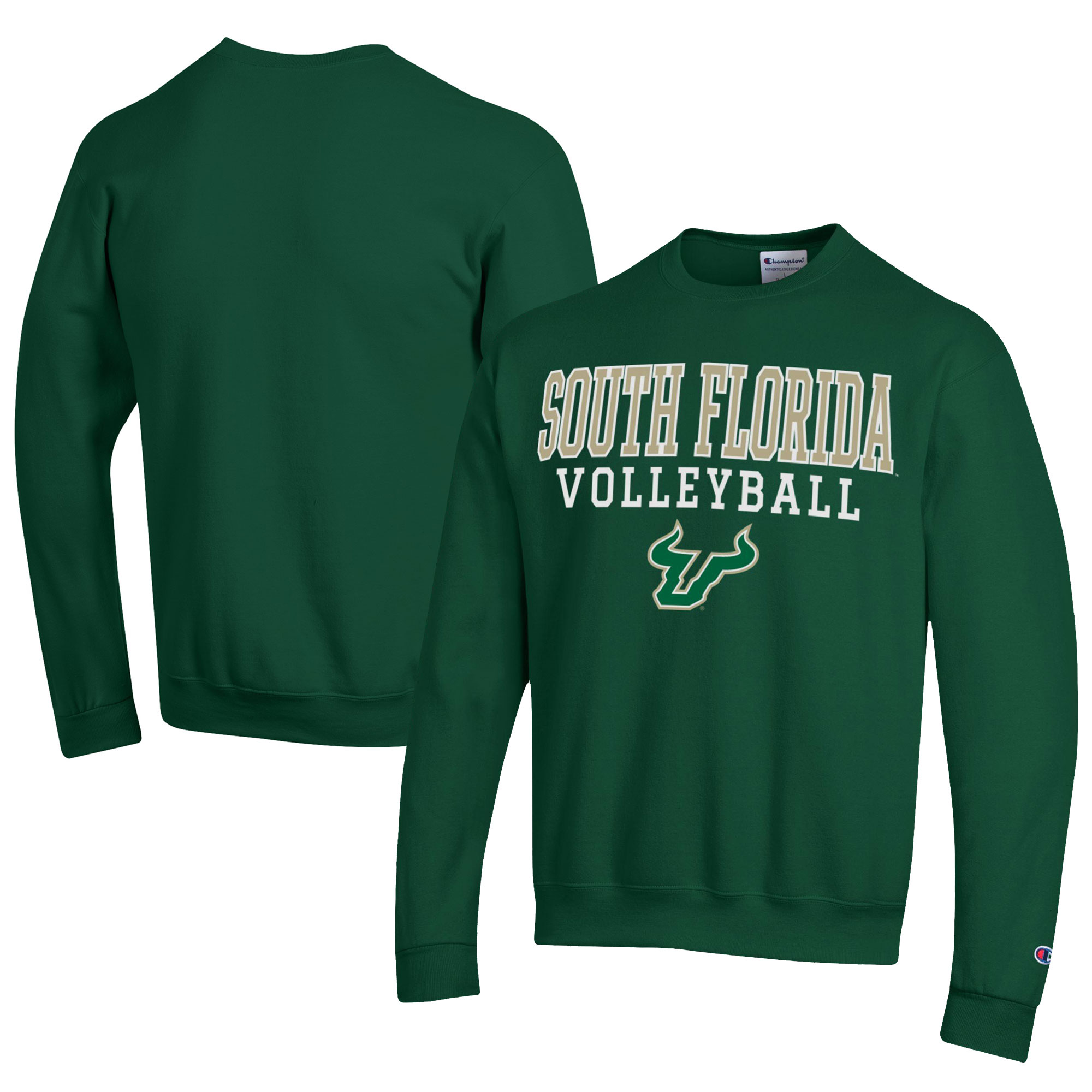 Men's Champion Green South Florida Bulls Stacked Logo Volleyball Eco Powerblend Pullover Sweatshirt - Image 2