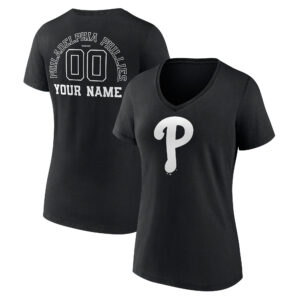 Women's Black Philadelphia Phillies Monochrome Personalized Name & Number V-Neck T-Shirt
