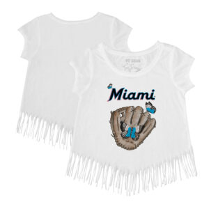 Girls Youth Tiny Turnip White Miami Marlins Butterfly Glove Fringe T-Shirt