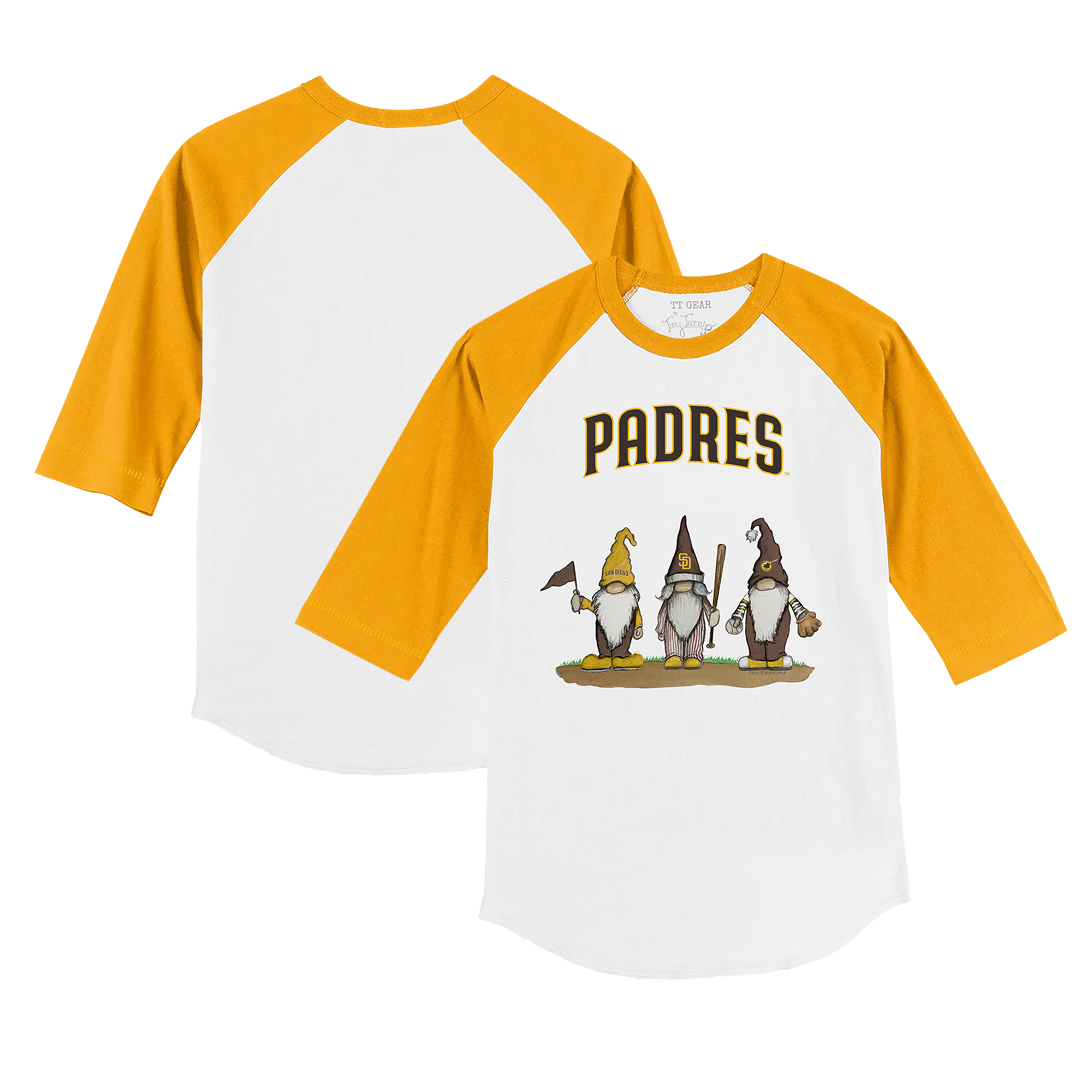 Youth Tiny Turnip White/Gold San Diego Padres Gnomes 3/4-Sleeve Raglan T-Shirt - Image 5