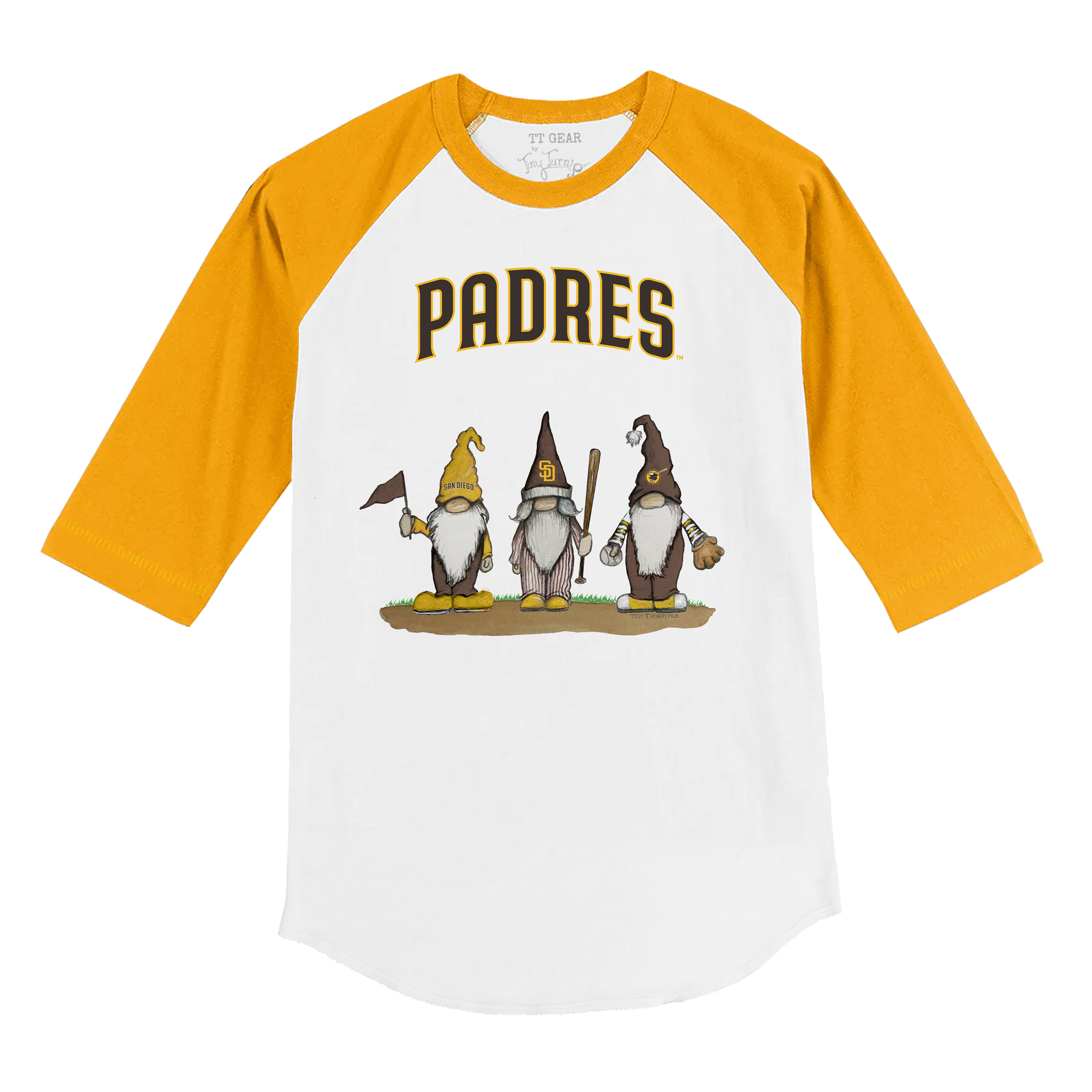 Youth Tiny Turnip White/Gold San Diego Padres Gnomes 3/4-Sleeve Raglan T-Shirt - Image 3