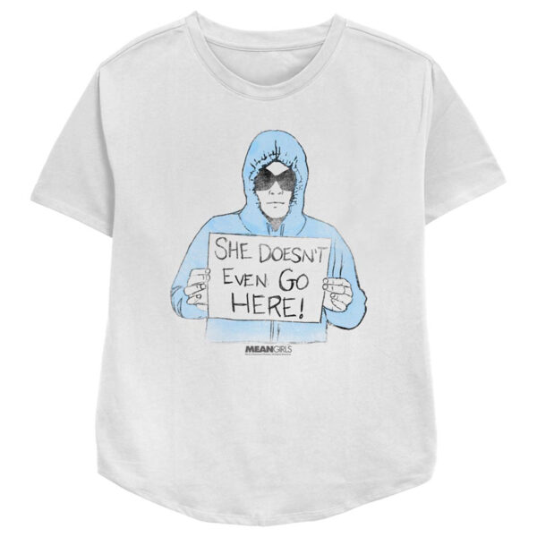 Women's Mad Engine White Mean Girls She Doesn't Even Go Here Illustration Graphic T-Shirt