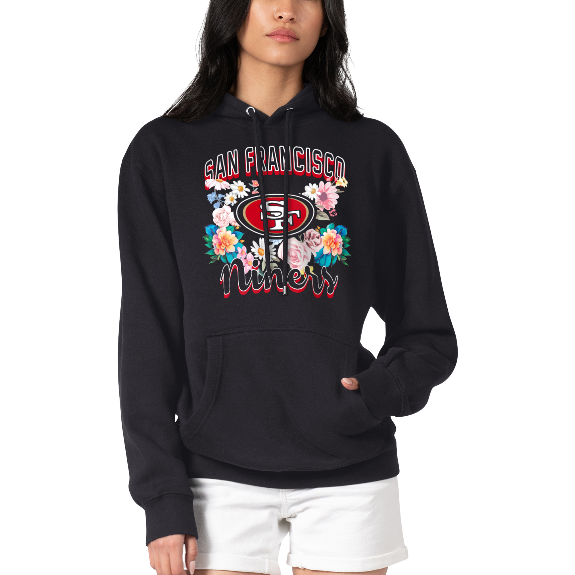 Women's G-III 4Her by Carl Banks Black San Francisco 49ers Flowers Team Logo Graphic Fleece Pullover Hoodie - Image 2