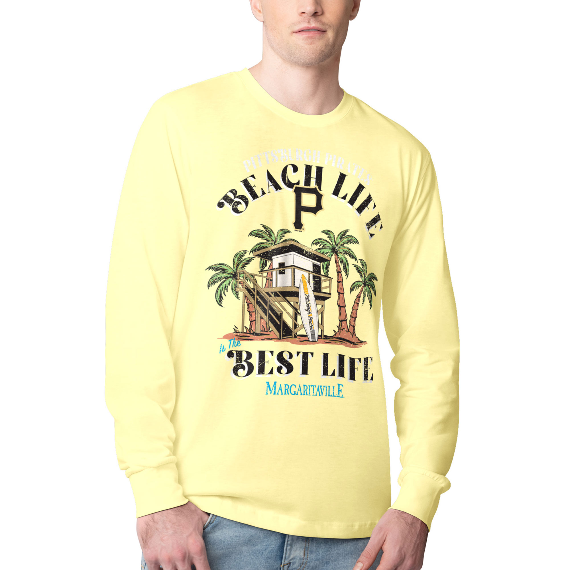 Men's Margaritaville Yellow Pittsburgh Pirates Beach Hut Graphic Long Sleeve T-Shirt - Image 2