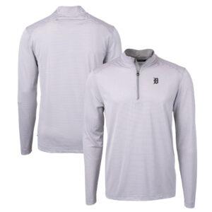Men's Cutter & Buck Gray/White Detroit Tigers Big & Tall Virtue Eco Pique Micro Stripe Quarter-Zip Jacket