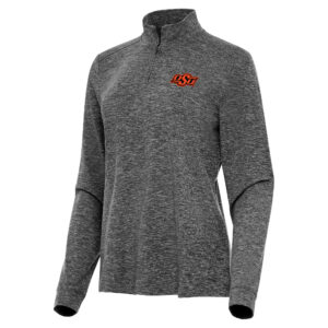 Women's Antigua  Heather Black Oklahoma State Cowboys Mentor Long Sleeve Quarter-Zip Mock Polo