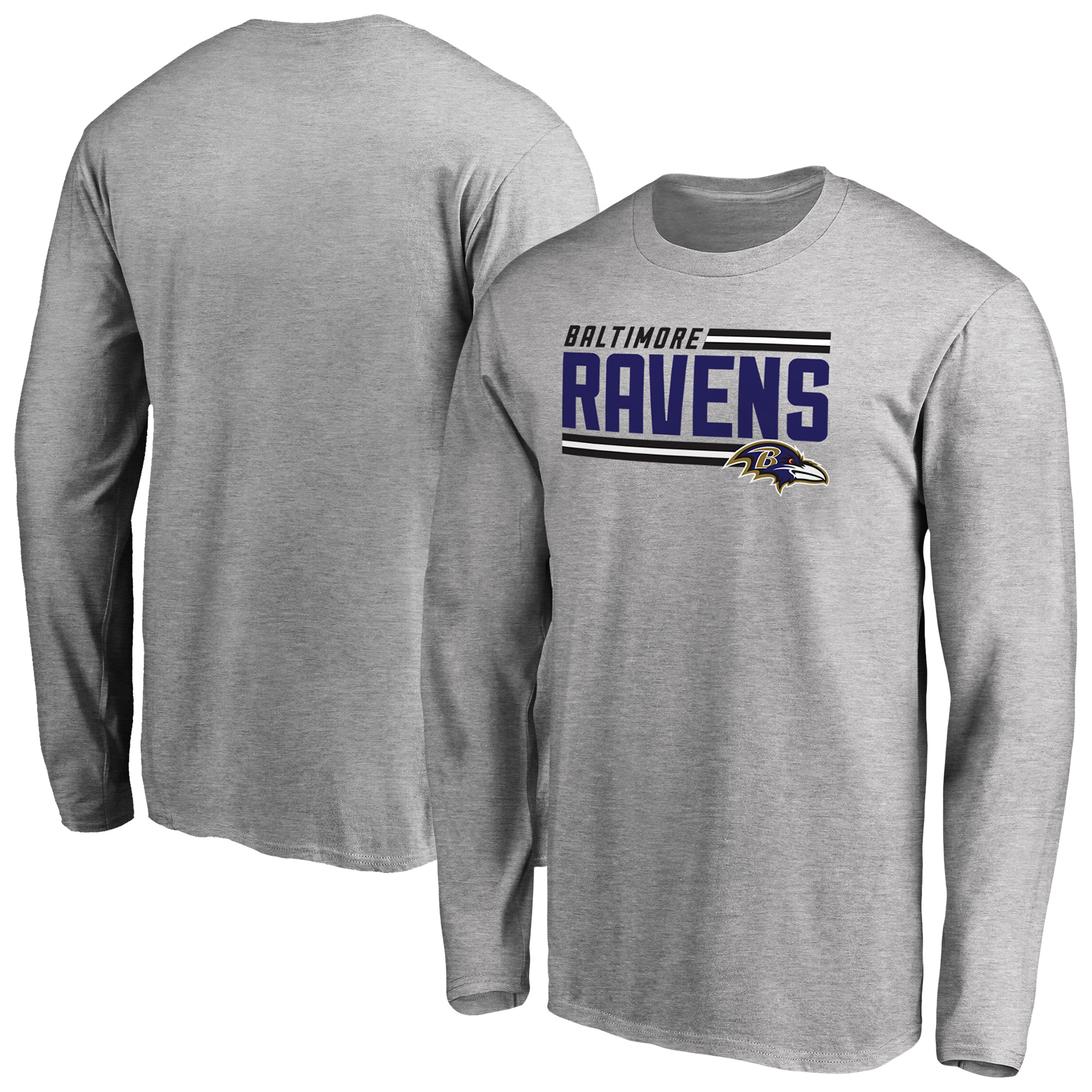Men's Ash Baltimore Ravens Iconic Collection On Side Stripe Long Sleeve T-Shirt