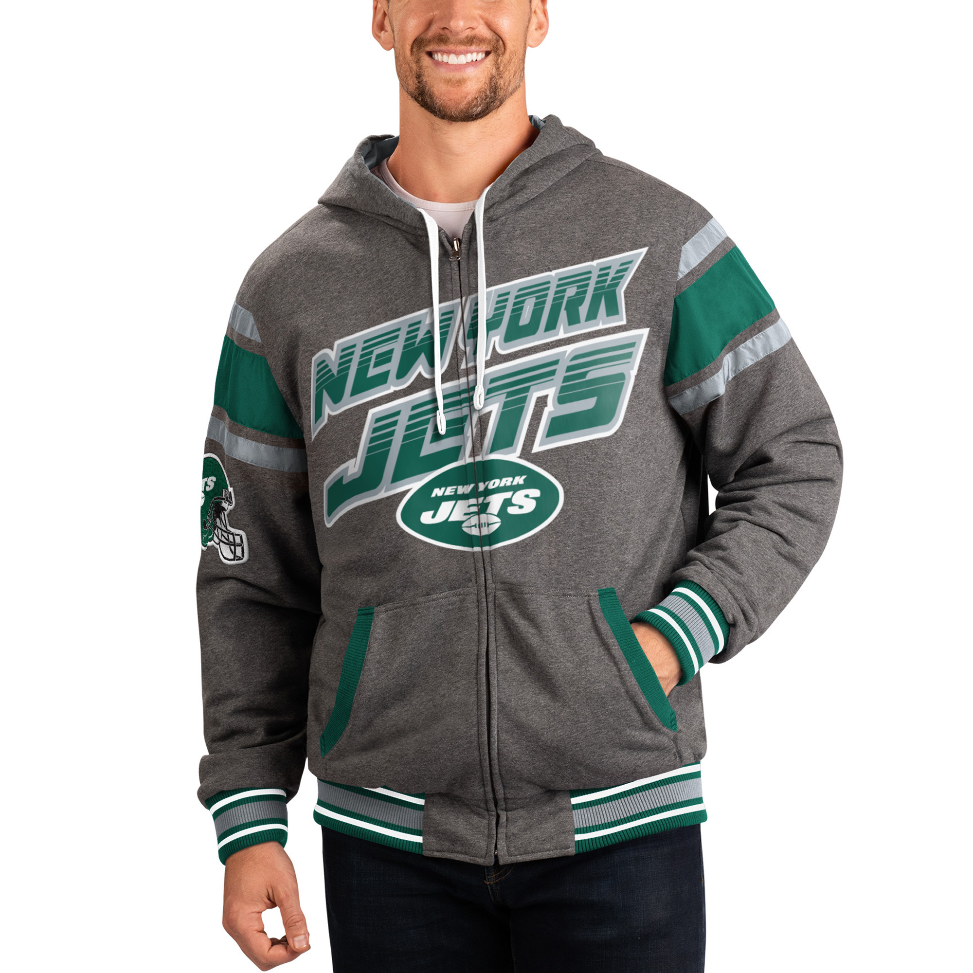 Men's G-III Sports by Carl Banks Gray/Green New York Jets Extreme Full Back Reversible Hoodie Full-Zip Jacket
