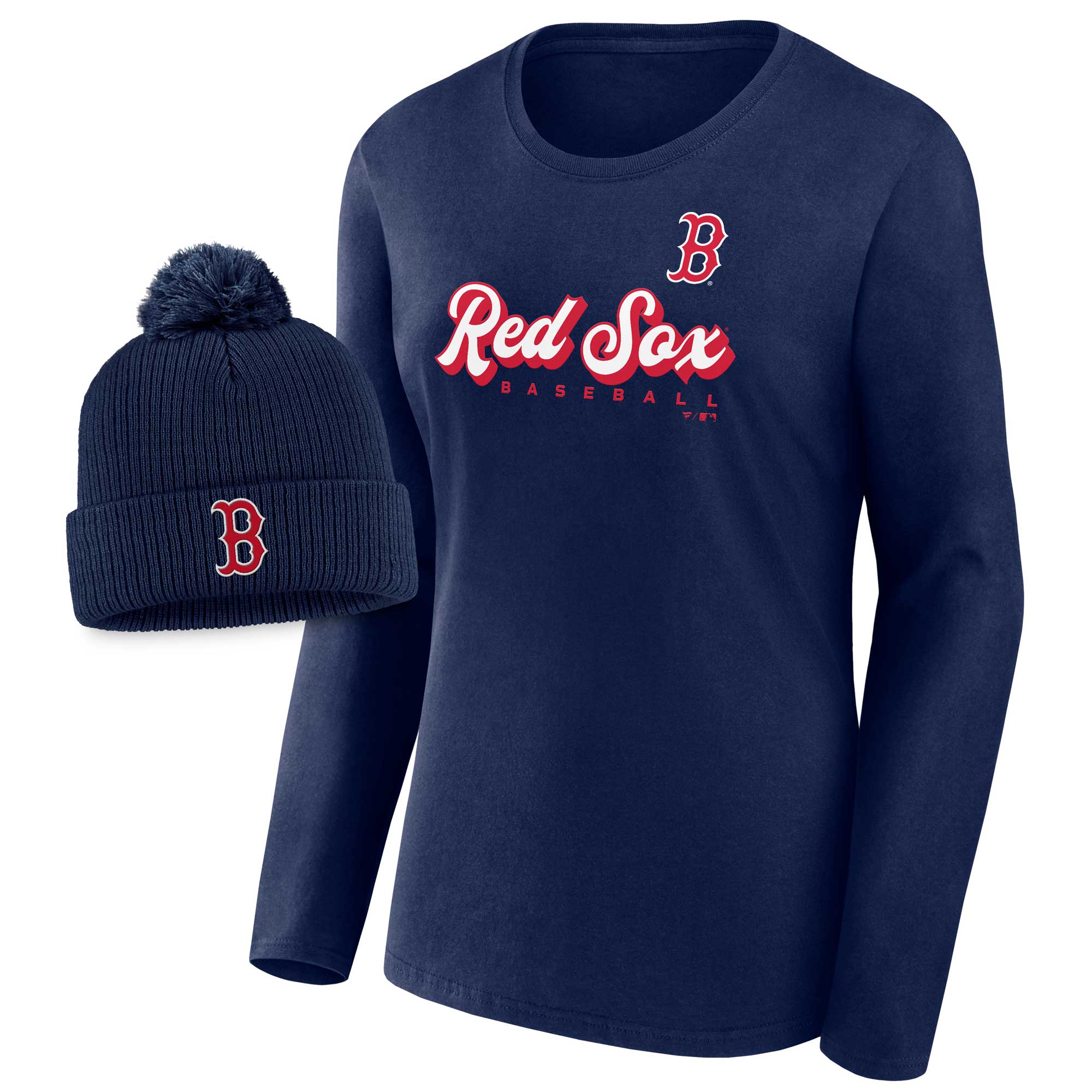 Women's Fanatics Navy Boston Red Sox Run The Bases Long Sleeve T-Shirt & Cuffed Knit Hat with Pom Combo Set - Image 2