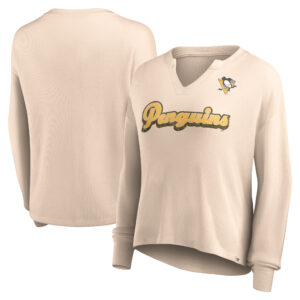 Women's Fanatics Oatmeal Pittsburgh Penguins Go For It Notch Neck Waffle Knit Long Sleeve T-Shirt