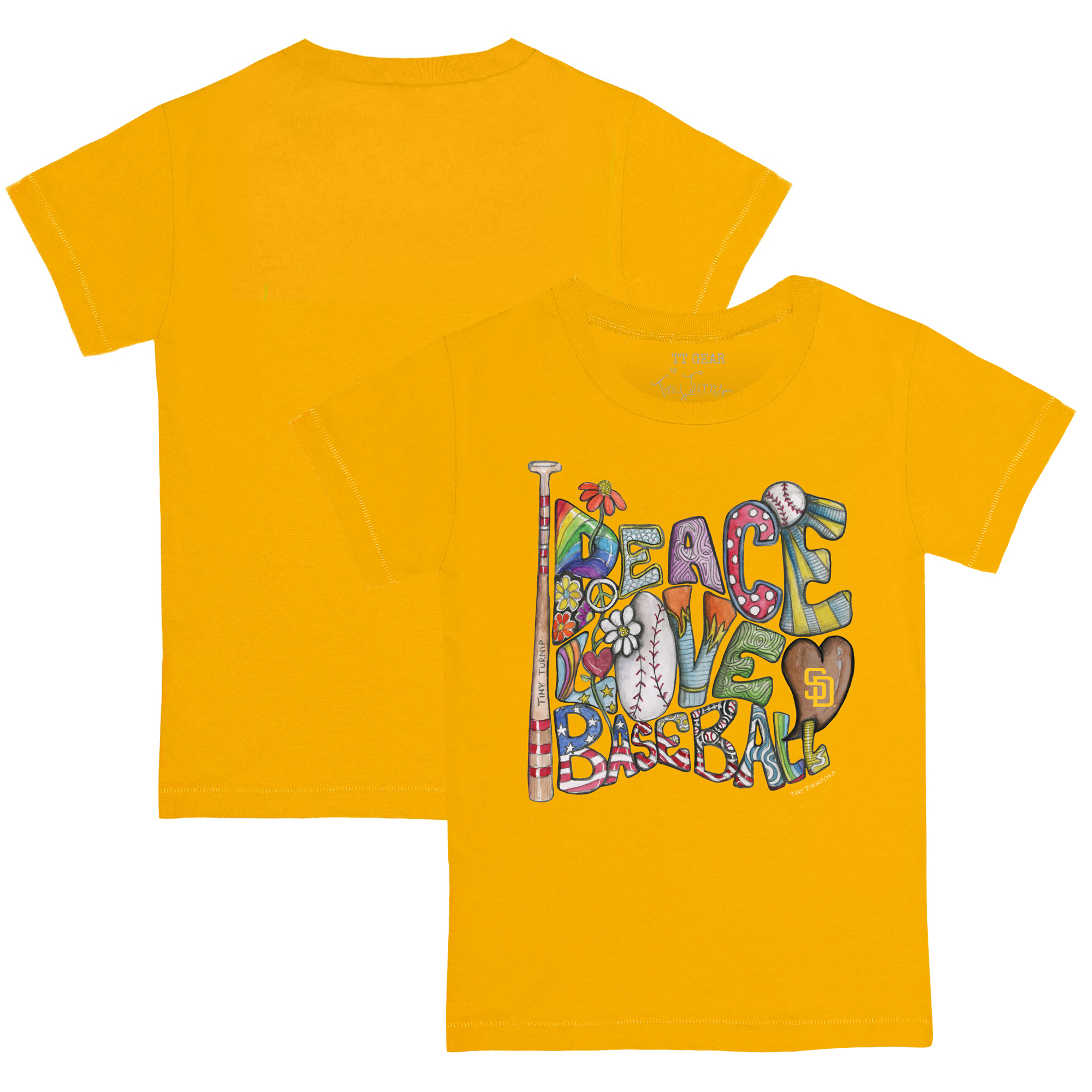 Toddler Tiny Turnip Gold San Diego Padres Peace Love Baseball T-Shirt