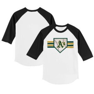 Youth Tiny Turnip White/Black Oakland Athletics Base Stripe 3/4-Sleeve Raglan T-Shirt