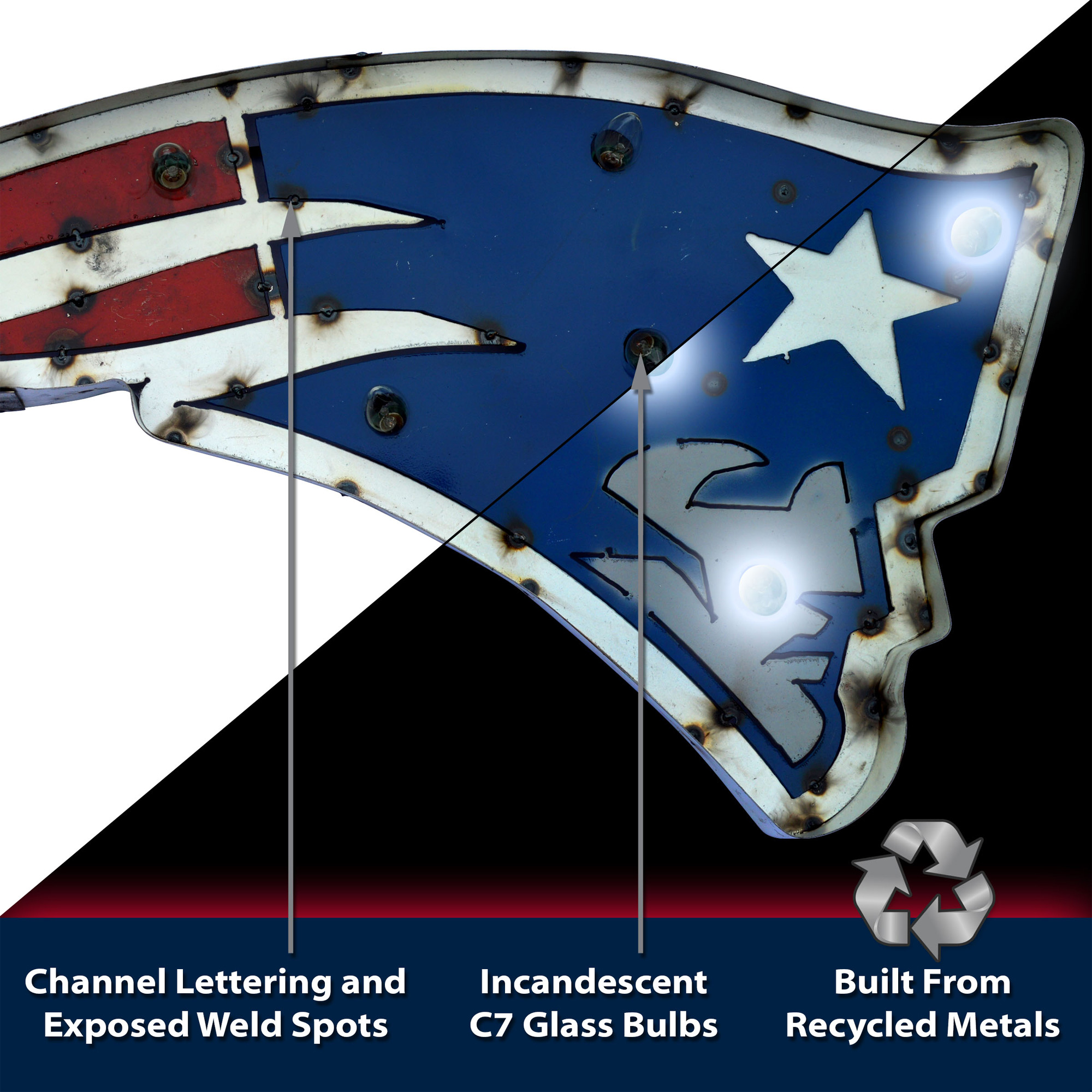 Imperial New England Patriots 29.5'' x 14.25'' Logo Lighted Recycled Metal Sign - Image 5