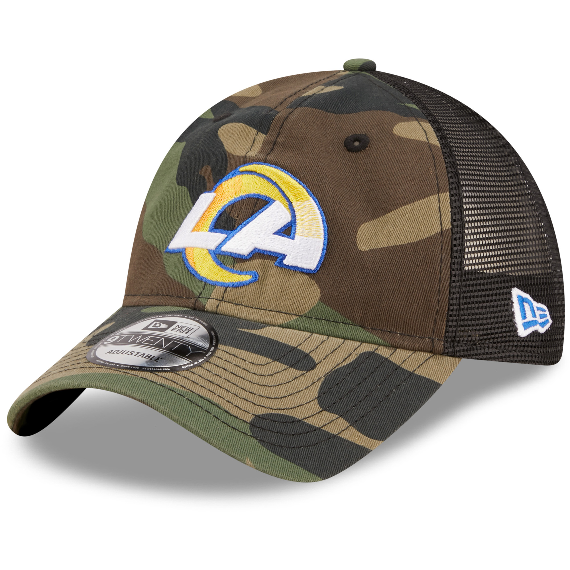 Men's New Era Camo/Black Los Angeles Rams Basic 9TWENTY Trucker Snapback Hat - Image 5