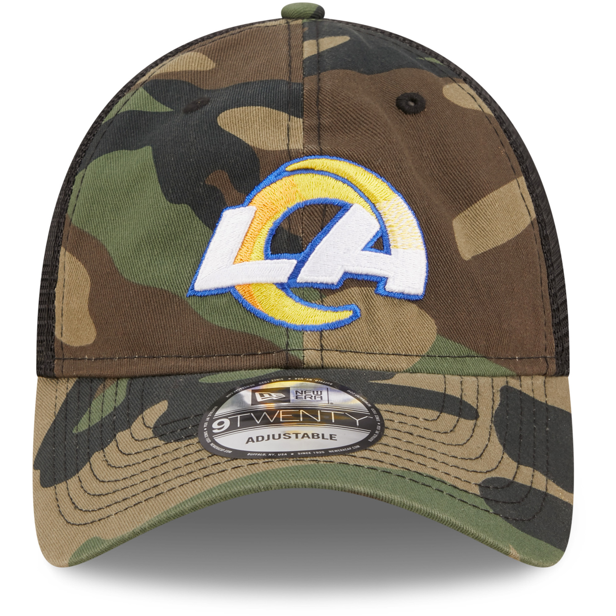 Men's New Era Camo/Black Los Angeles Rams Basic 9TWENTY Trucker Snapback Hat - Image 6