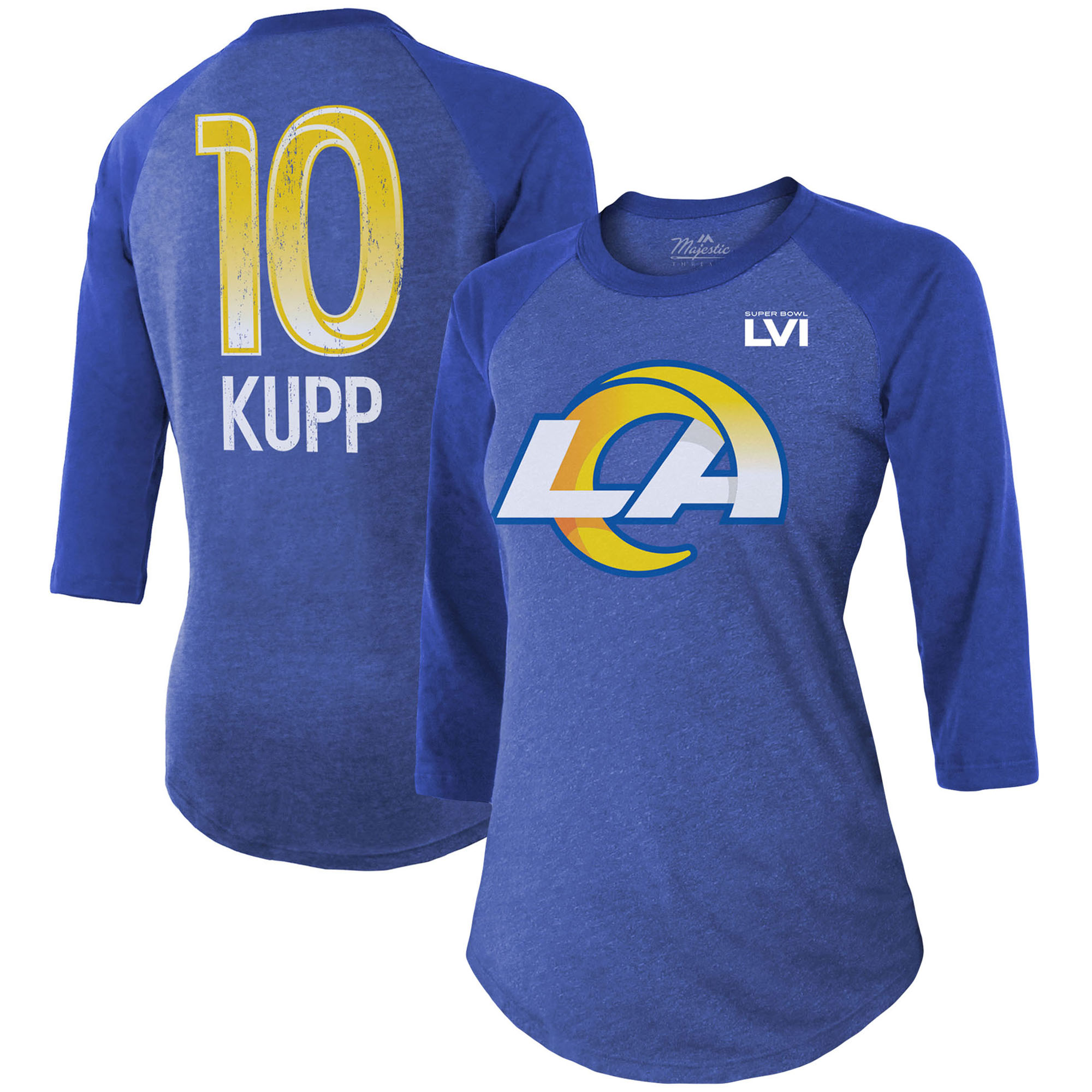 Women's Majestic Threads Cooper Kupp Royal Los Angeles Rams Super Bowl LVI Name & Number Raglan 3/4 Sleeve T-Shirt