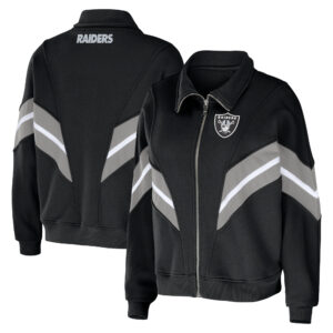 Women's WEAR by Erin Andrews Black Las Vegas Raiders Plus Size Yarn Dye Stripe Full-Zip Jacket