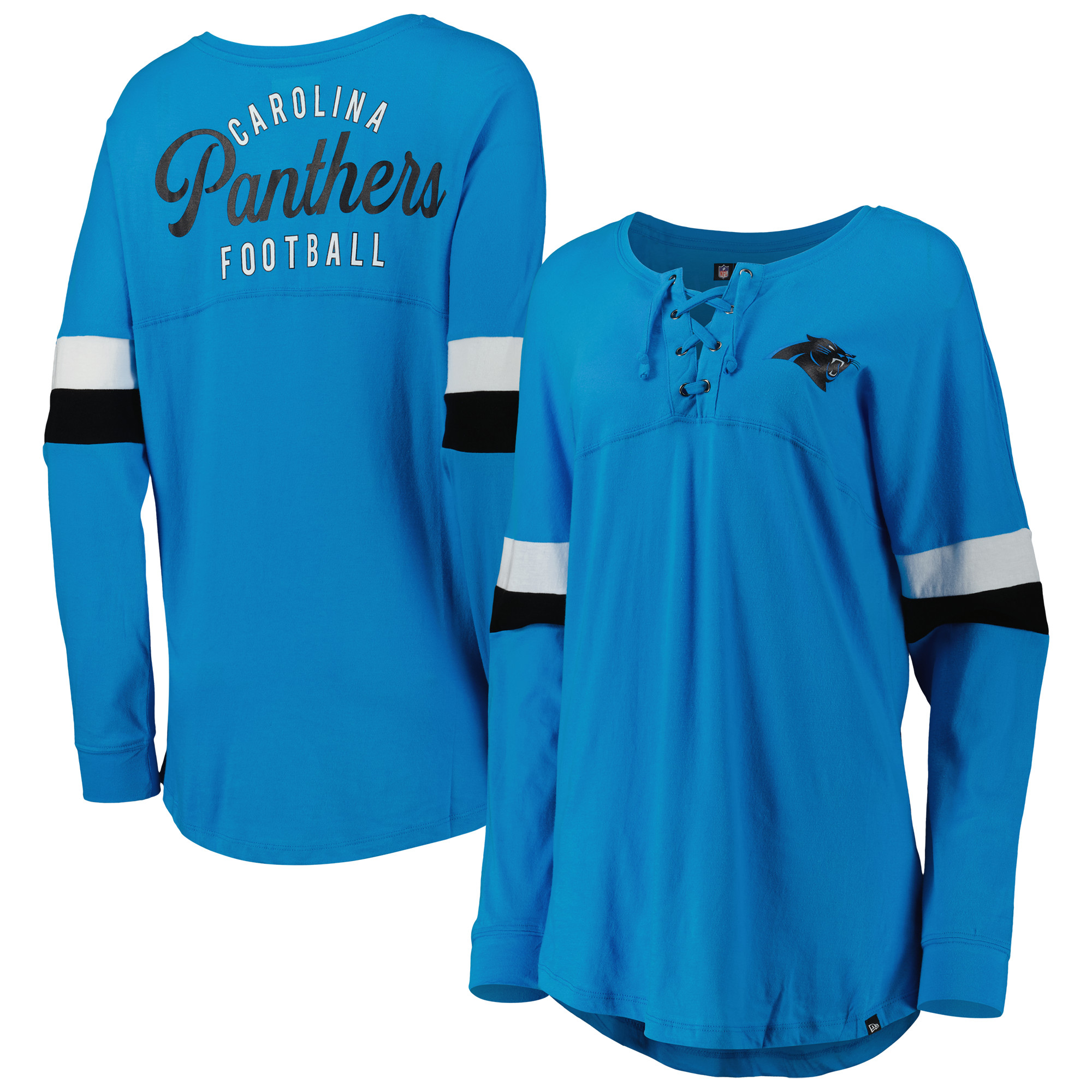 Women's New Era Blue Carolina Panthers Athletic Varsity Lightweight Lace-Up Long Sleeve T-Shirt - Image 2