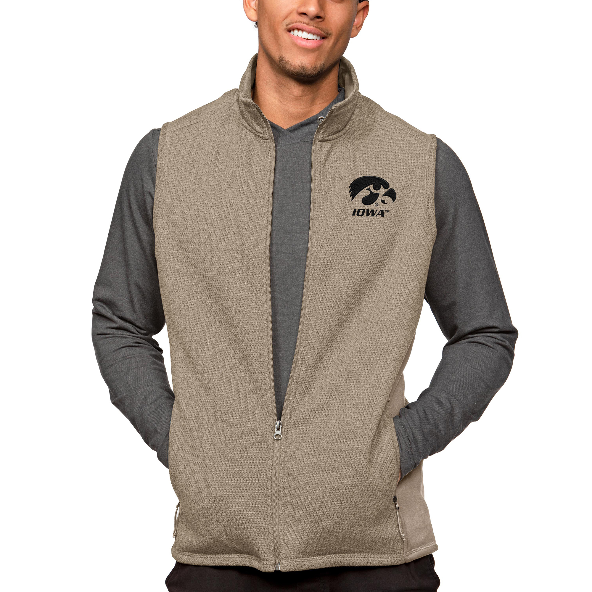 Men's Antigua Oatmeal Iowa Hawkeyes Course Full-Zip Vest