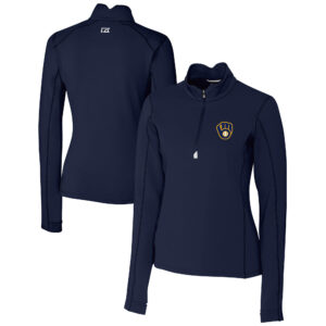 Women's Cutter & Buck  Navy Milwaukee Brewers DryTec Traverse Stretch Quarter-Zip Pullover Top