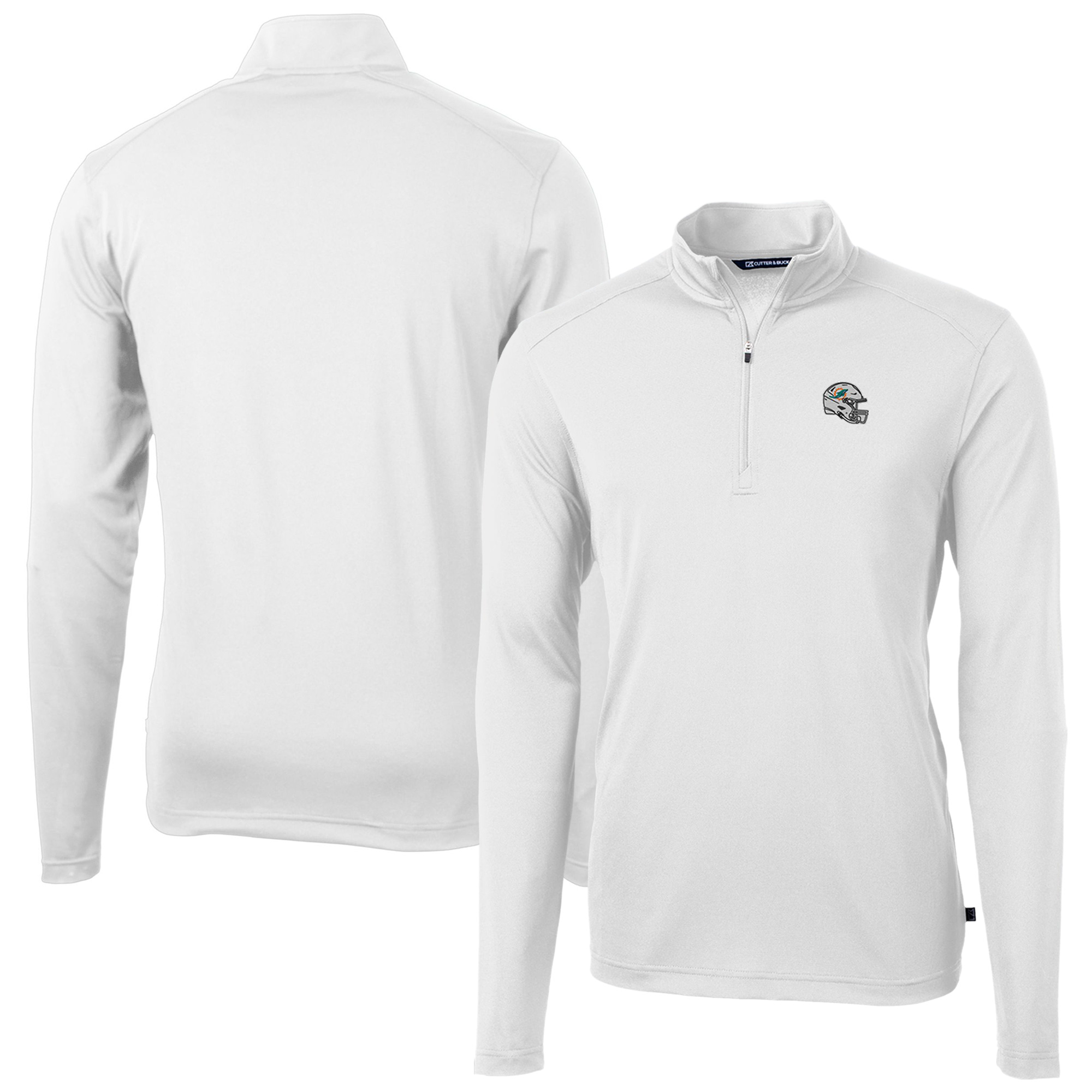 Men's Cutter & Buck White Miami Dolphins Helmet Virtue Eco Pique Recycled Quarter-Zip Pullover Top