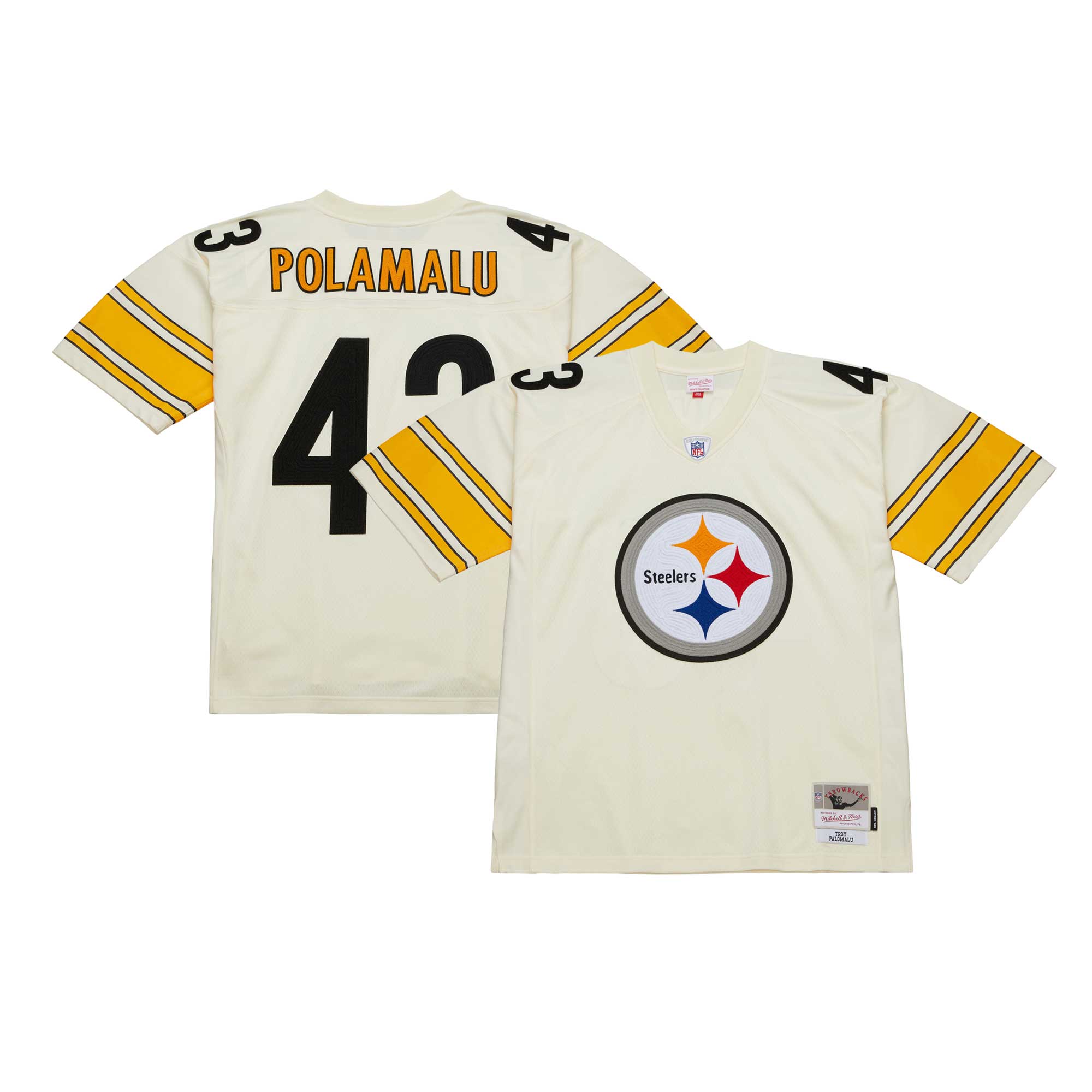 Men's Mitchell & Ness Troy Polamalu Cream Pittsburgh Steelers Chainstitch Legacy Jersey - Image 2