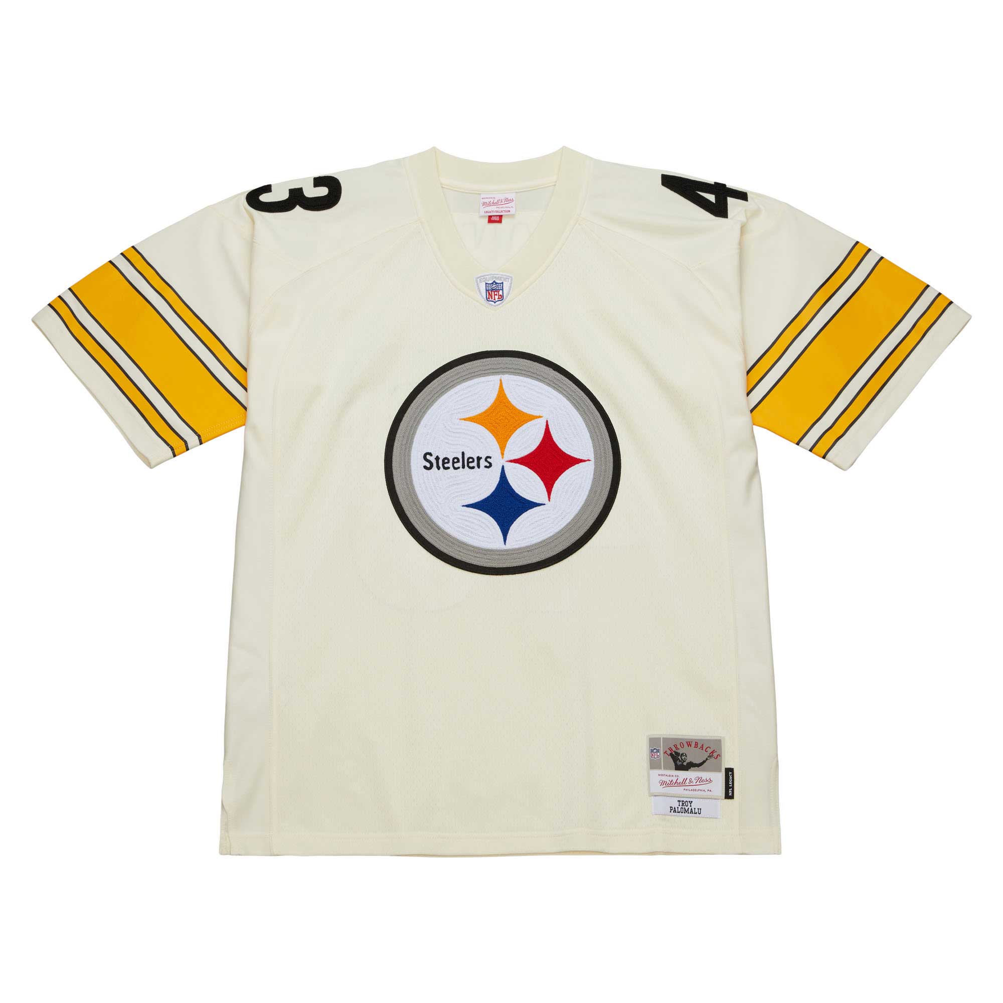 Men's Mitchell & Ness Troy Polamalu Cream Pittsburgh Steelers Chainstitch Legacy Jersey - Image 8