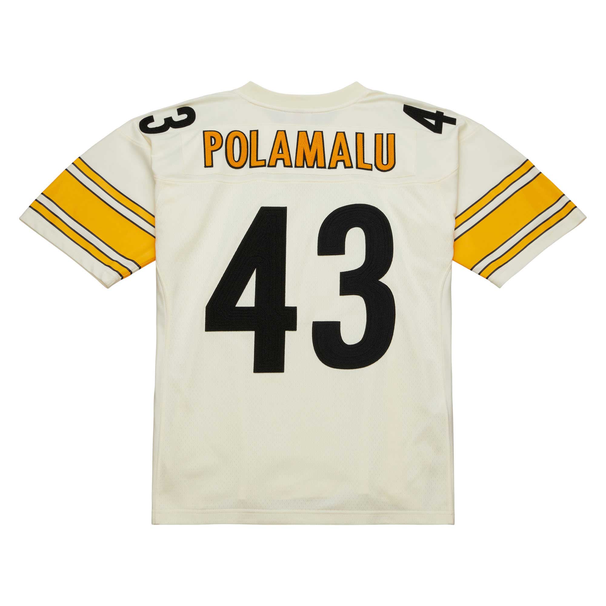 Men's Mitchell & Ness Troy Polamalu Cream Pittsburgh Steelers Chainstitch Legacy Jersey - Image 11
