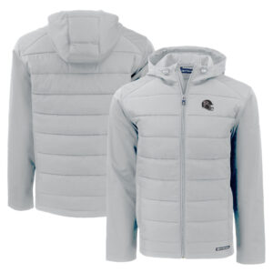Men's Cutter & Buck Gray Atlanta Falcons Helmet Evoke Hybrid Eco Softshell Recycled Full-Zip Hoodie Jacket