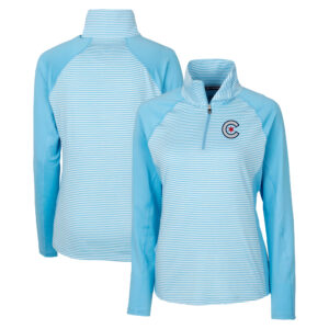 Women's Cutter & Buck  Light Blue Chicago Cubs City Connect Forge Tonal Stripe Stretch Half-Zip Pullover Top