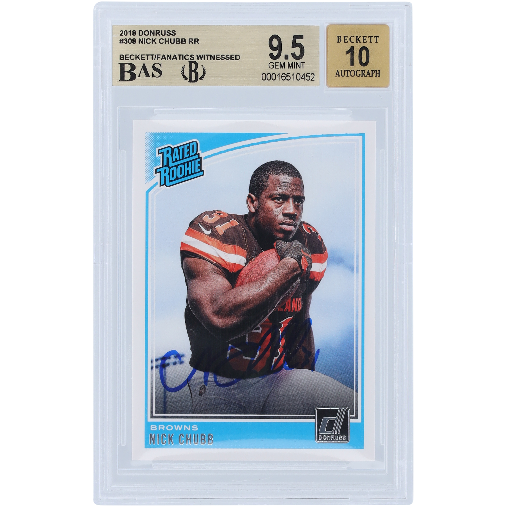 Nick Chubb Cleveland Browns Autographed 2018 Panini Donruss Rated Rookie #308 Beckett Fanatics Witnessed Authenticated 9.5/10 Rookie Card - Image 4