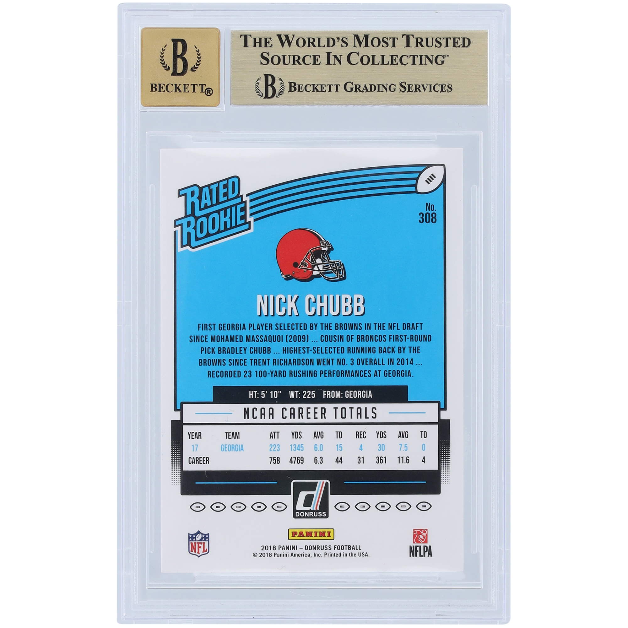 Nick Chubb Cleveland Browns Autographed 2018 Panini Donruss Rated Rookie #308 Beckett Fanatics Witnessed Authenticated 9.5/10 Rookie Card - Image 3