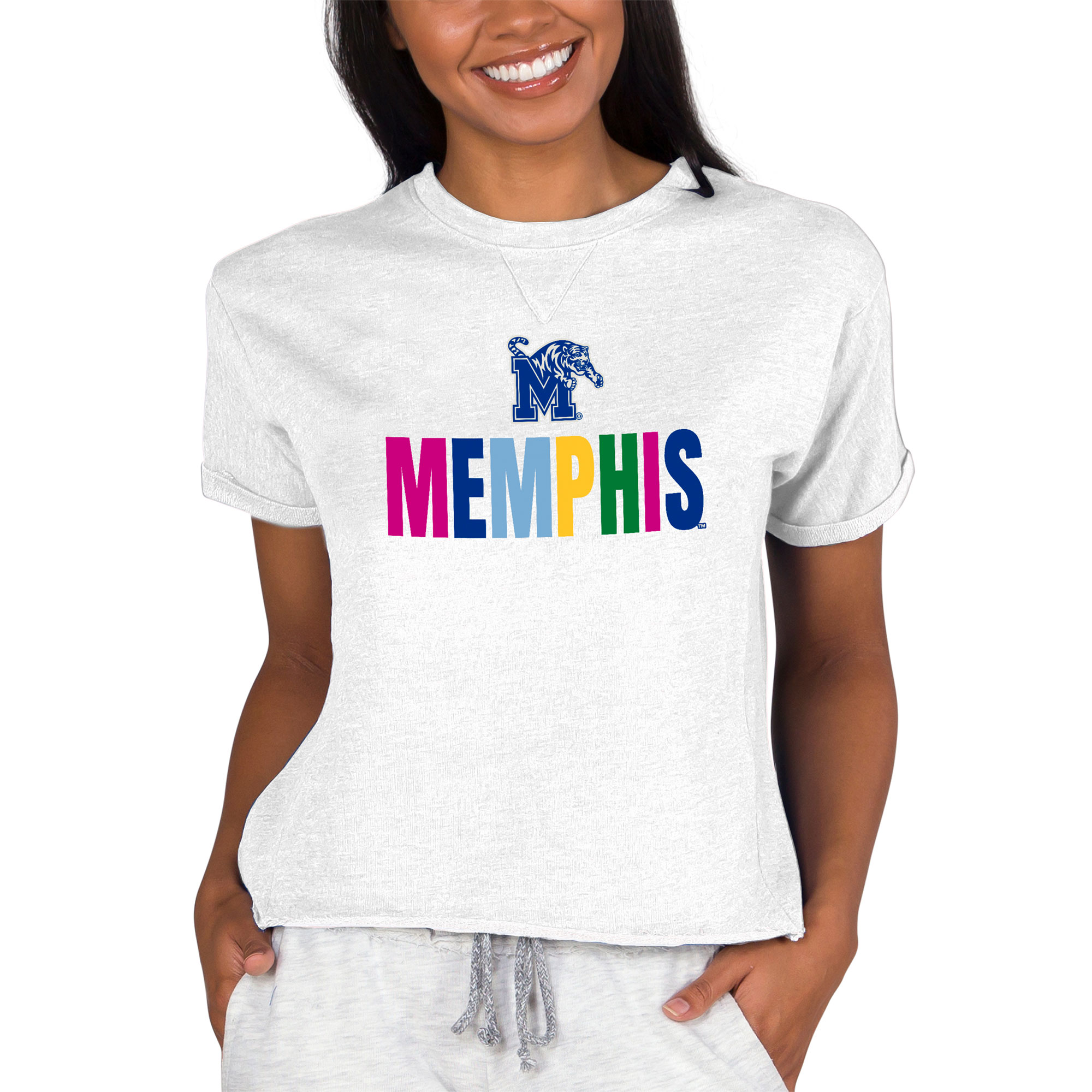Women's Concepts Sport Oatmeal Memphis Tigers Tri-Blend Mainstream Terry Short Sleeve Sweatshirt Top