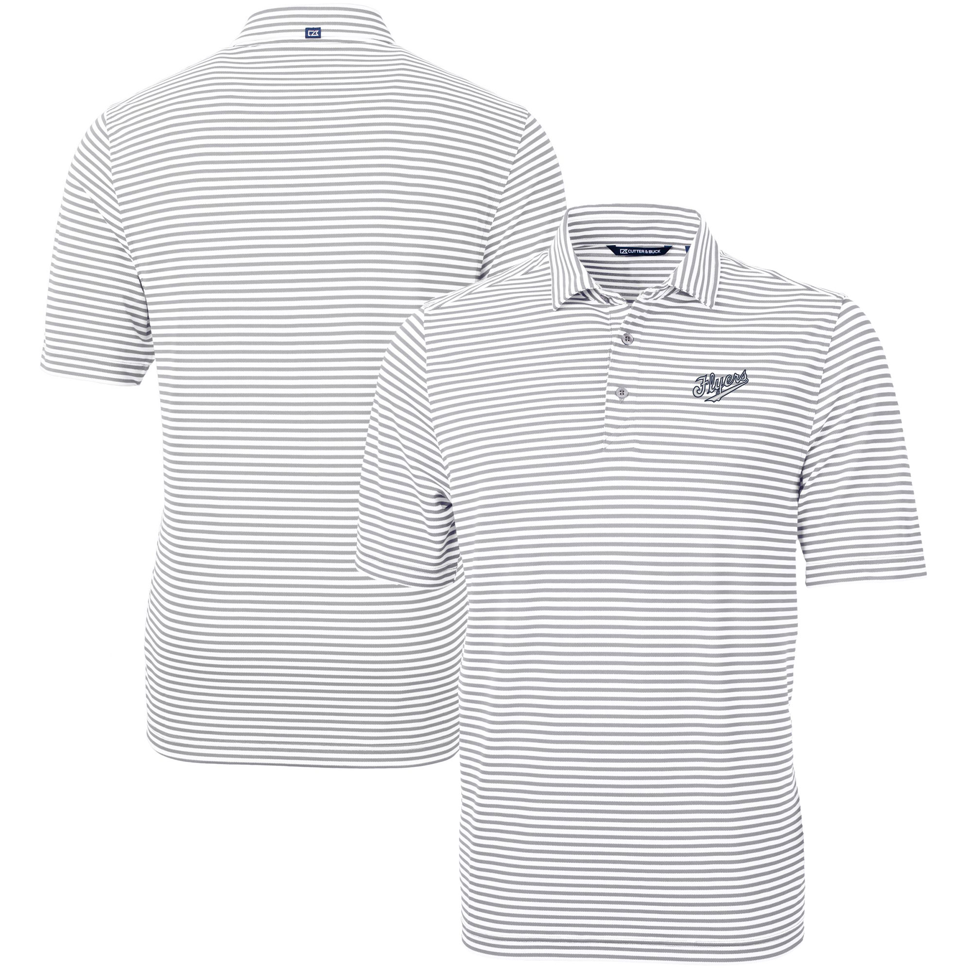 Men's Cutter & Buck Gray Dayton Flyers Vault DryTec Virtue Eco Pique Stripe Recycled Polo