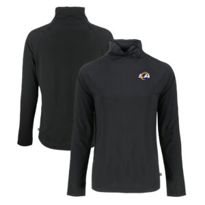 Women's Cutter & Buck Black Los Angeles Rams Coastline Epic Comfort Eco Recycled Funnel Neck Raglan Pullover Sweatshirt