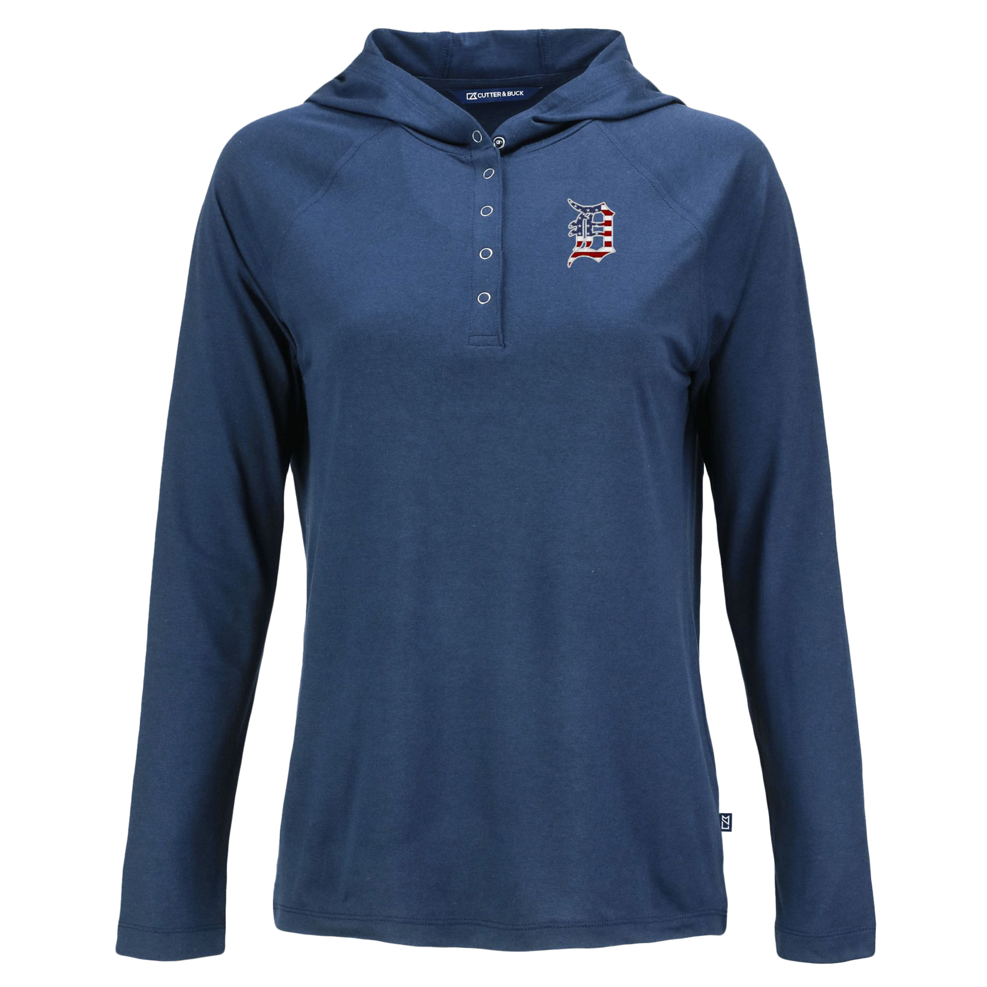 Women's Cutter & Buck Navy Detroit Tigers Stars And Stripes Coastline Epic Comfort Eco Recycled Hoodie Raglan Long Sleeve T-Shirt - Image 6