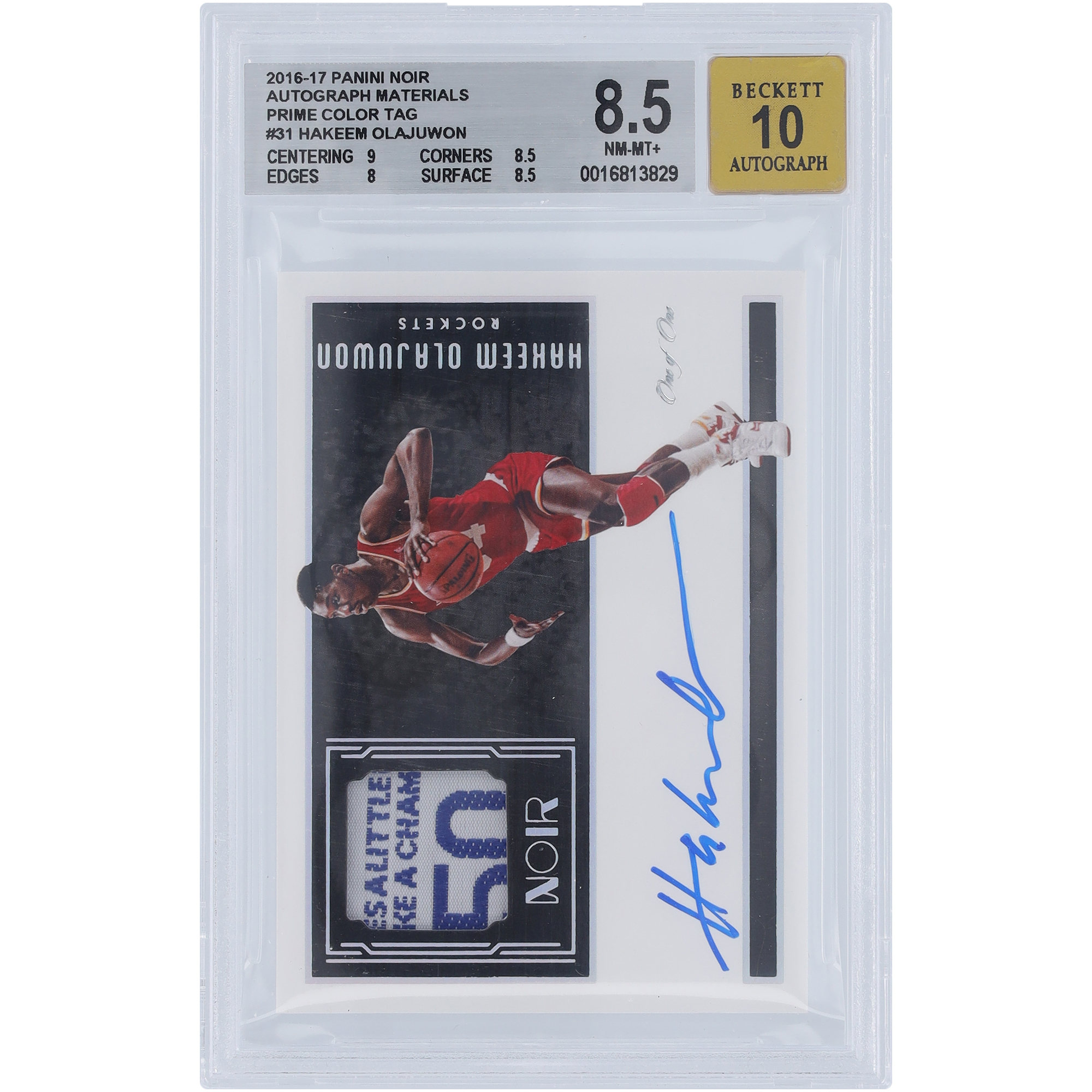 Hakeem Olajuwon Houston Rockets Autographed 2016-17 Panini Noir Laundry Tag Relic #31 #1/1 BGS Authenticated 8.5/10 Card - 9,8.5,8,8.5 Subgrades