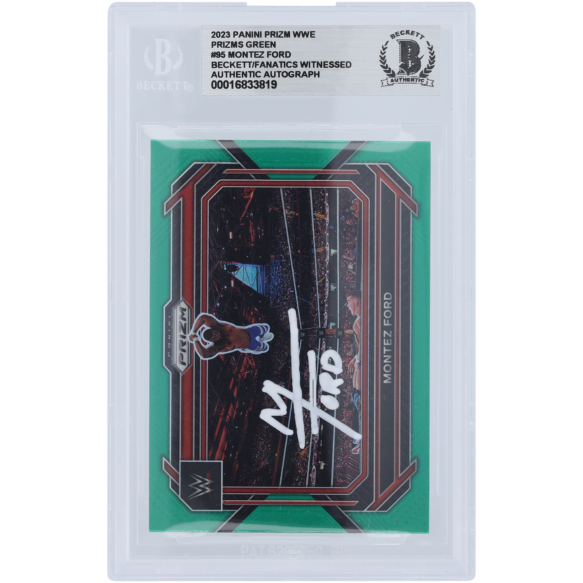 Montez Ford WWE Autographed 2023 Panini Prizm Green Prizm White Ink #95 Beckett Fanatics Witnessed Authenticated Card - Image 2