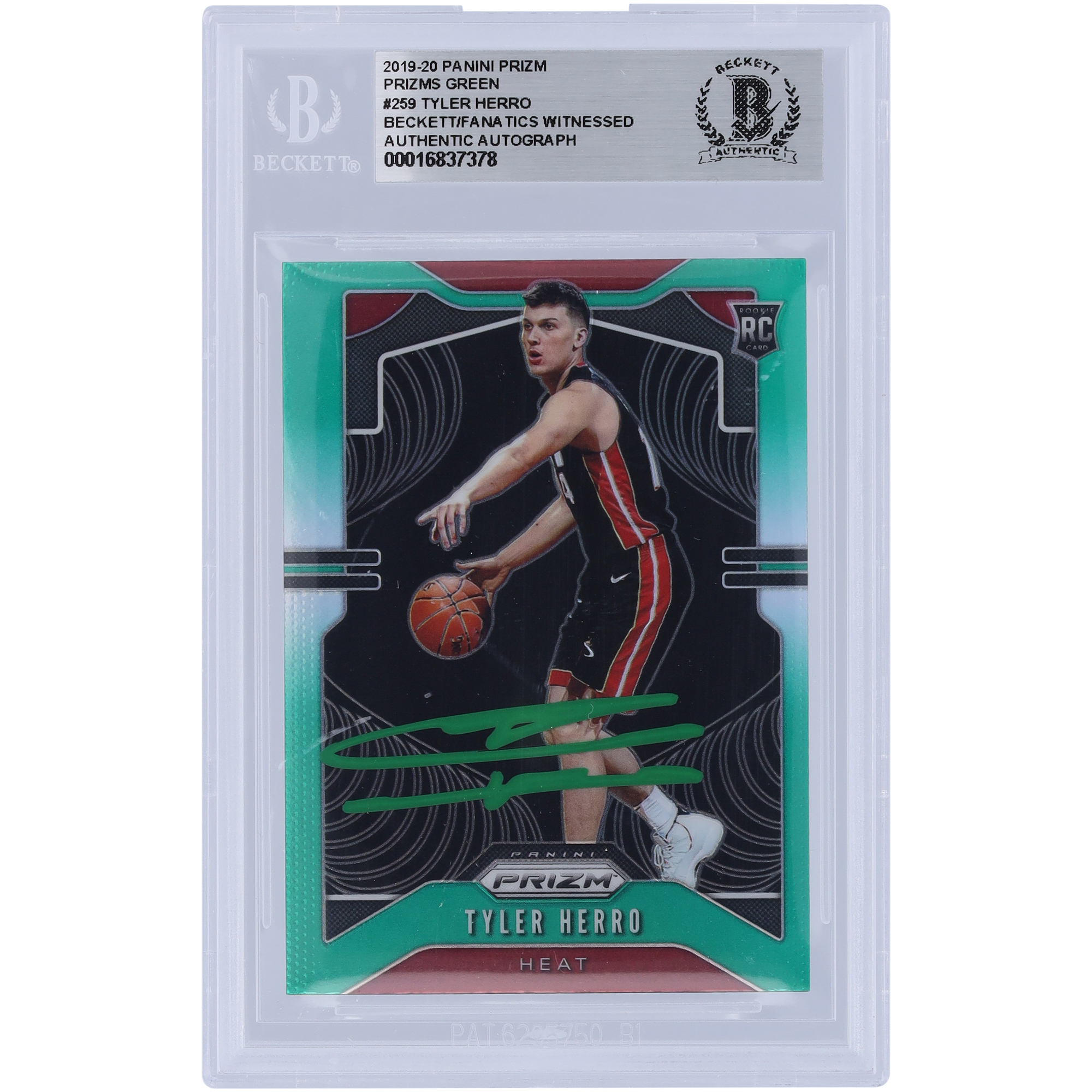 Tyler Herro Miami Heat Autographed 2019-20 Panini Prizm Green Prizm Green Ink #259 Beckett Fanatics Witnessed Authenticated Rookie Card - Image 2