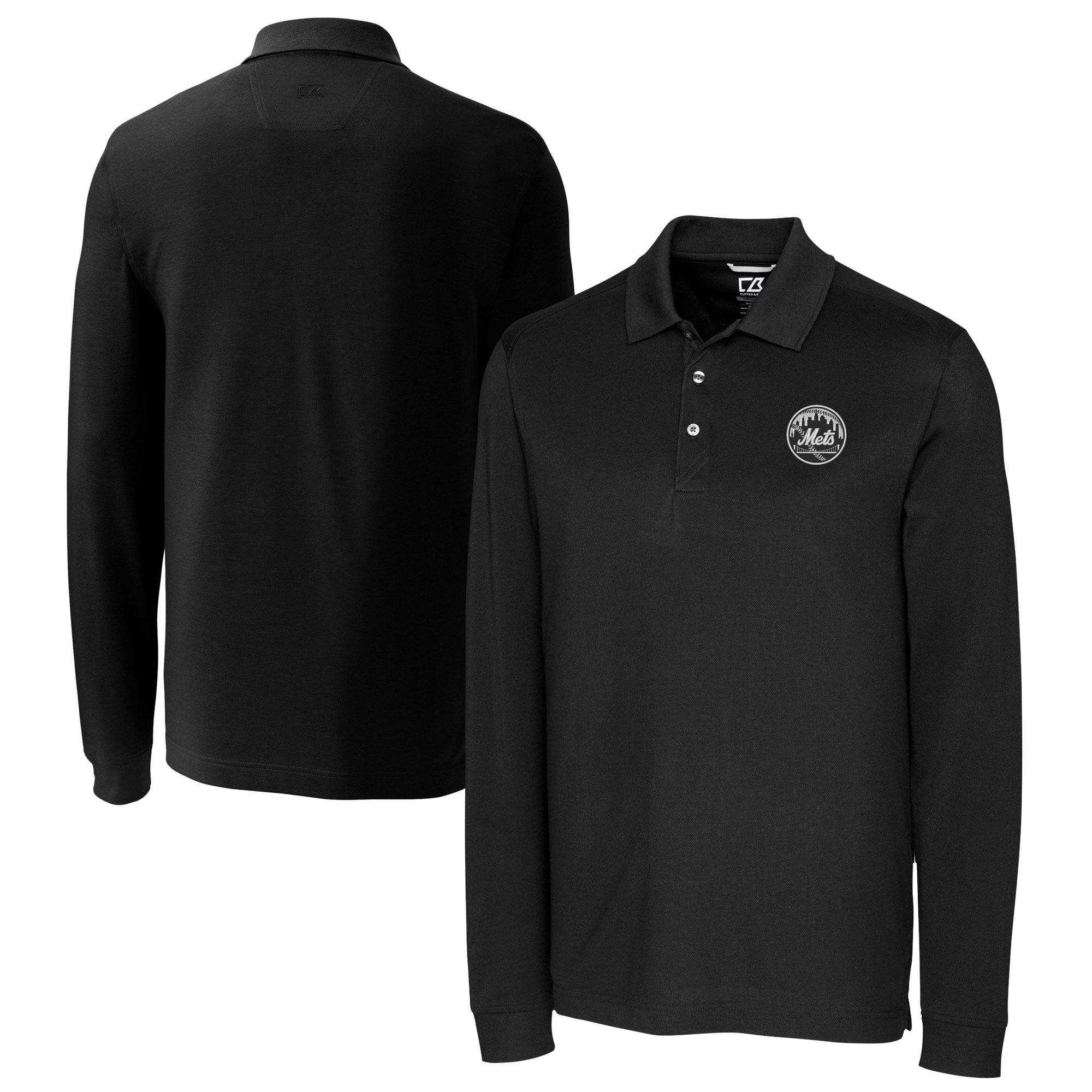 Men's Cutter & Buck Black New York Mets Big & Tall Advantage Eco Pique DryTec Tri-Blend Long Sleeve Polo