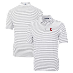 Men's Cutter & Buck Gray Cleveland Guardians Big & Tall Virtue Eco Pique Stripe Recycled DryTec Polo